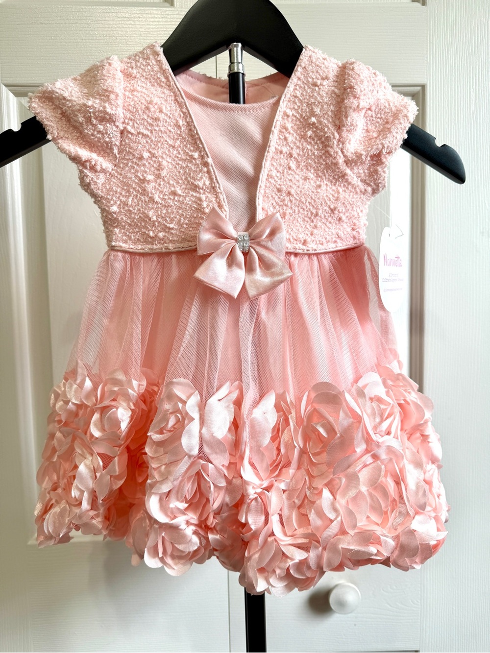 Nannette Blush Pink Floral Bubble Tulle Dress with Bow Accent